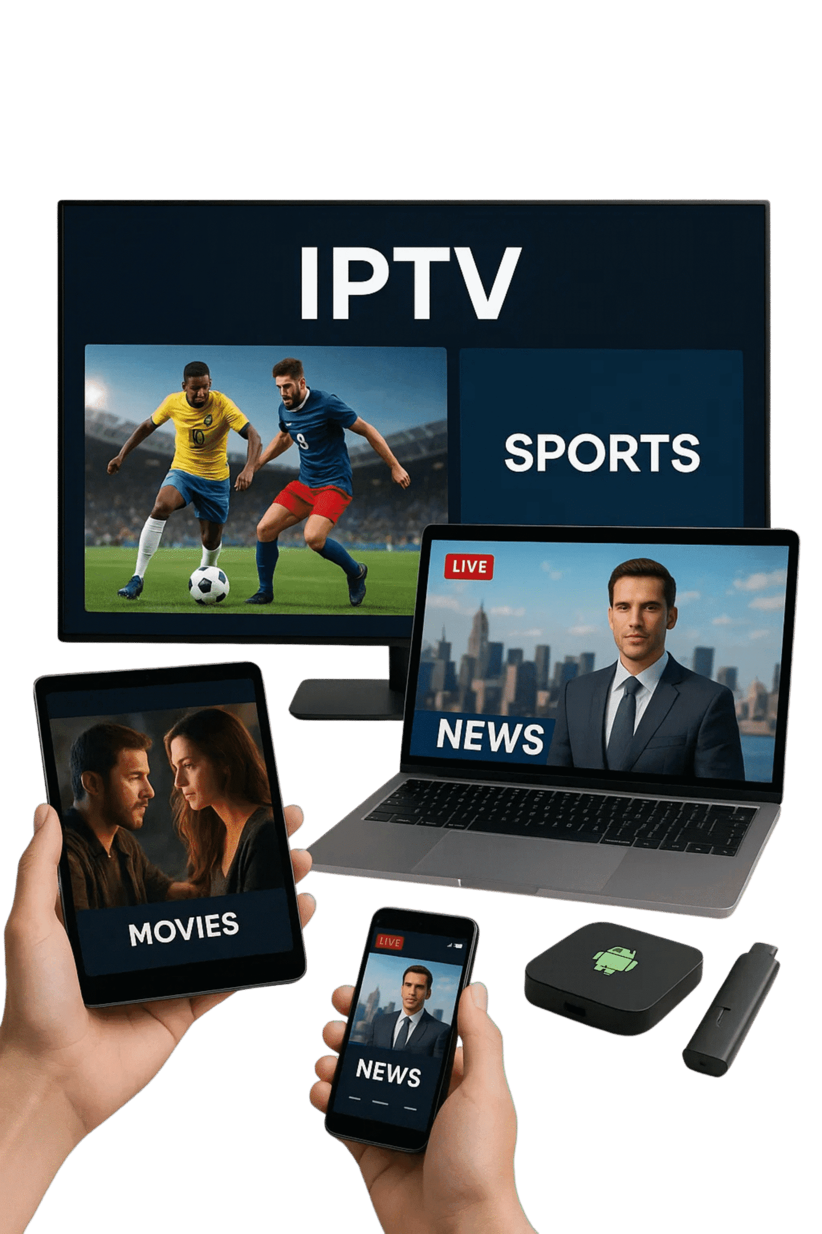 IPTV Smarters Pro streaming sports, news, and movies on smart TV, laptop, tablet, and smartphone