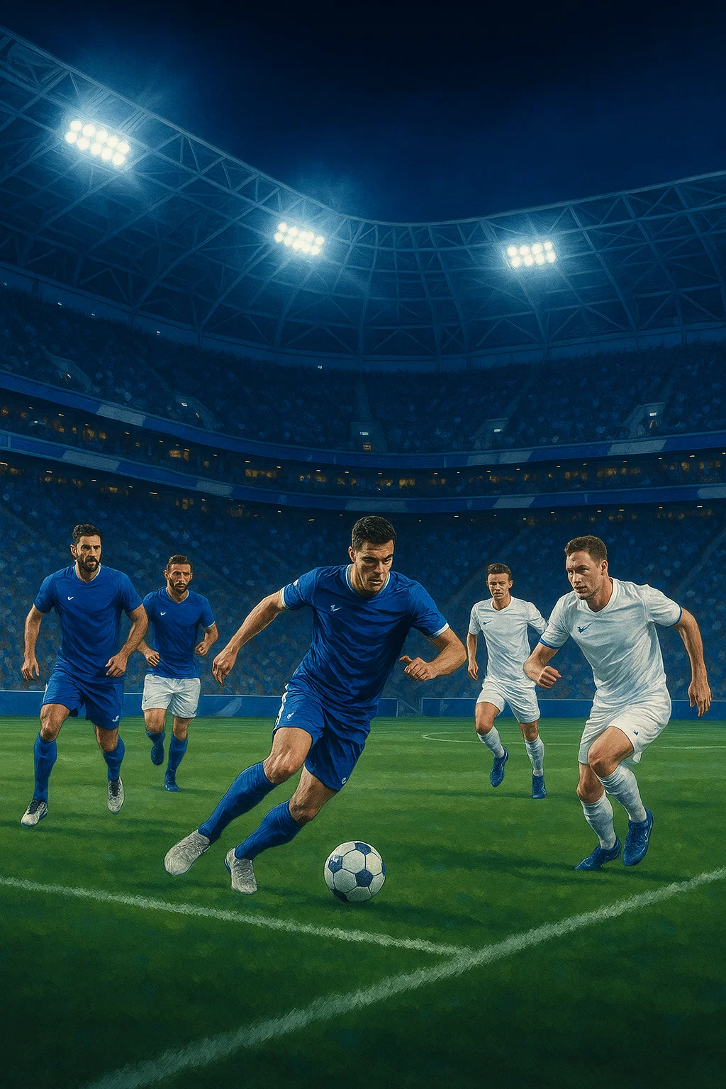 Players from two teams competing in a night football match at a stadium, streamable via IPTV Smarters Pro