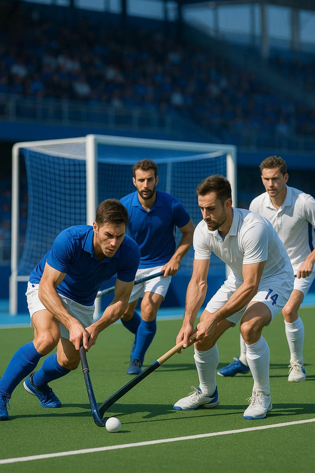 Field hockey match in progress with players in blue and white jerseys competing near the goal, available to watch on IPTV Smarters Pro