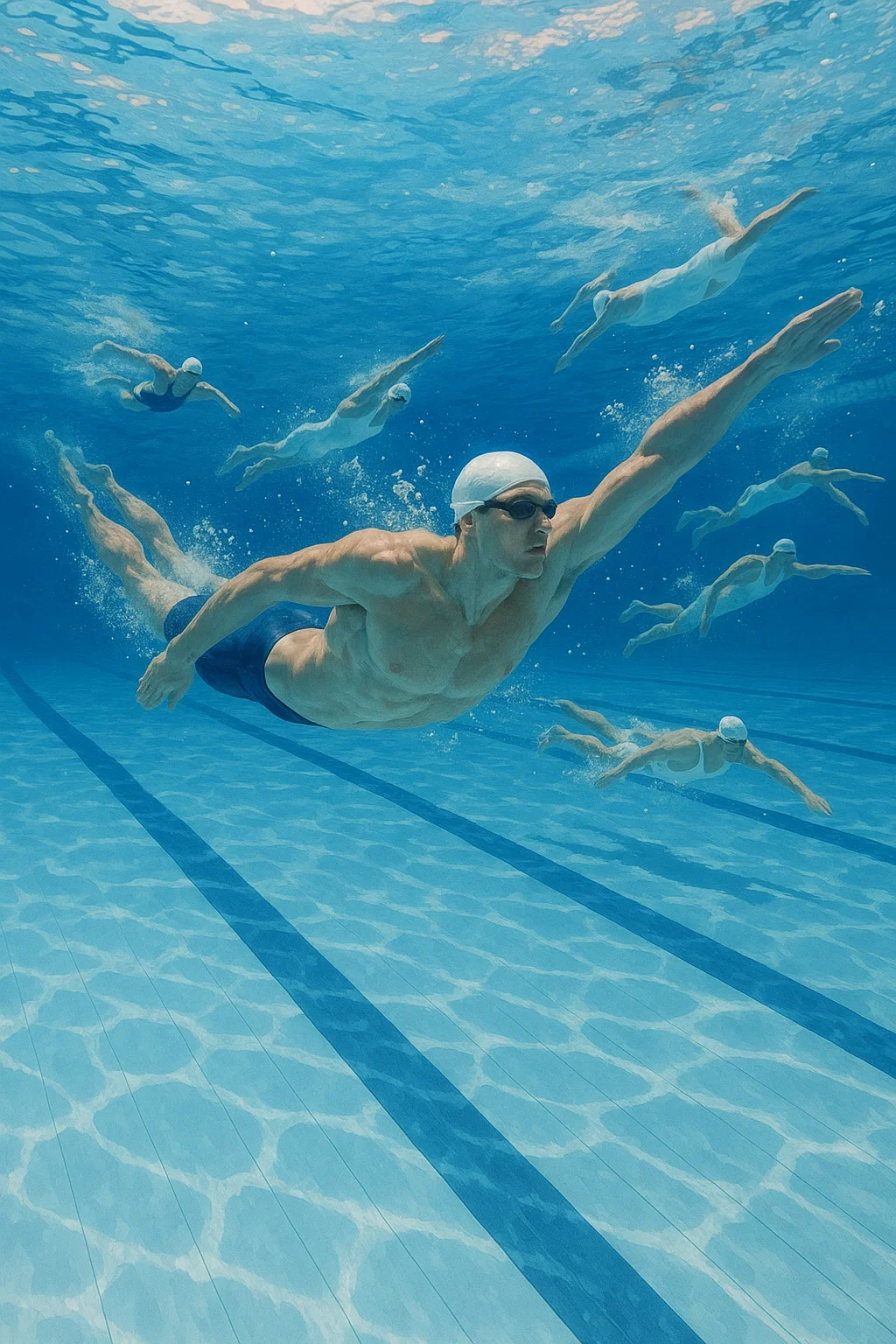 Underwater view of professional swimmers racing in a pool, streaming live via IPTV Smarters Pro