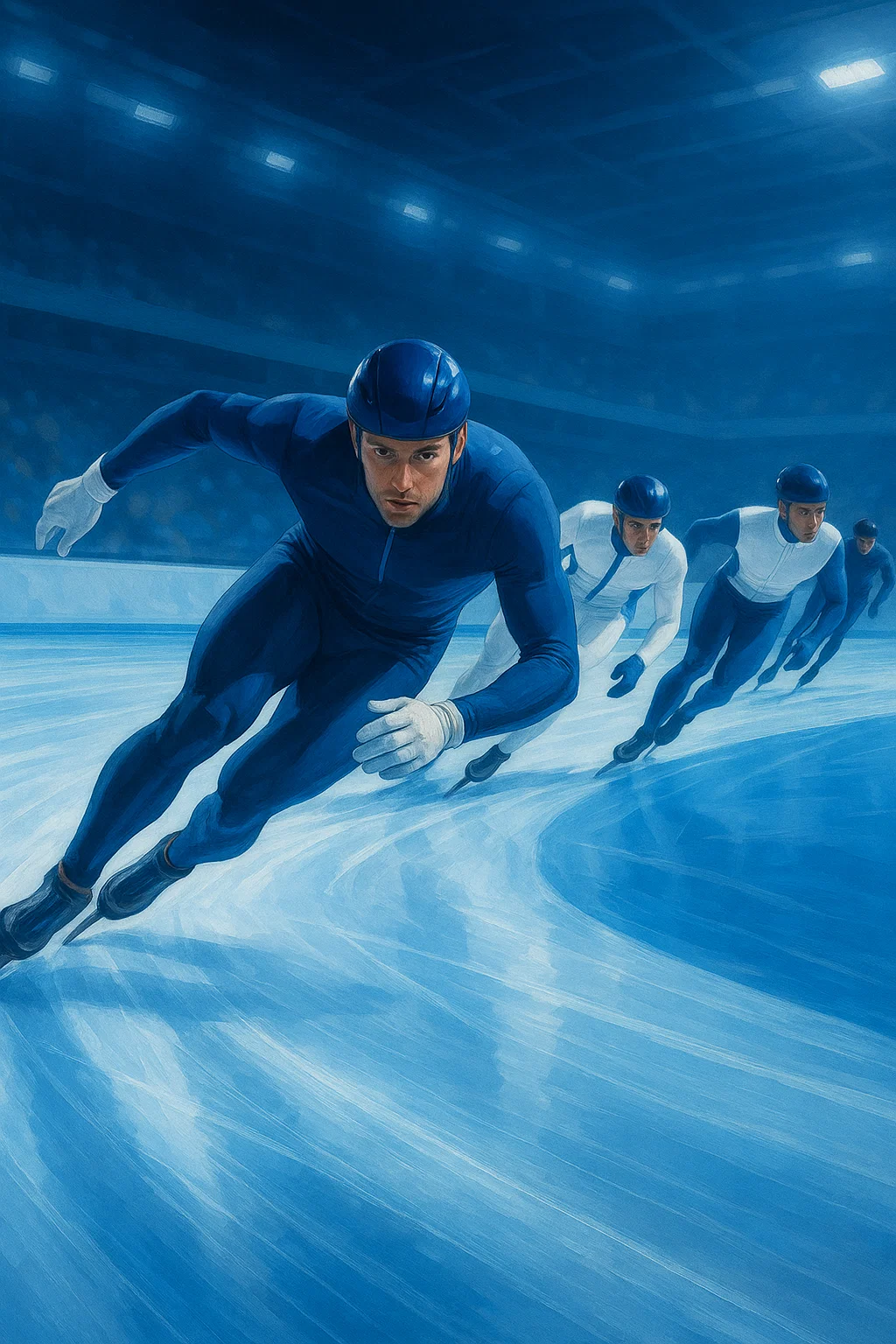 Speed skaters racing on an indoor ice track during a live event, streamable via IPTV Smarters Pro