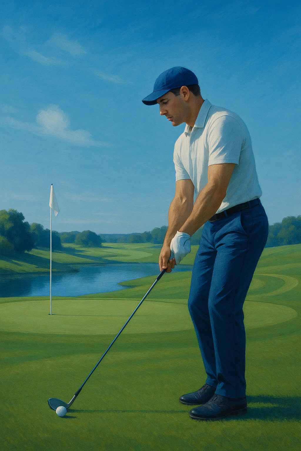 Golfer preparing to take a shot on a sunny golf course, available to stream live with IPTV Smarters Pro