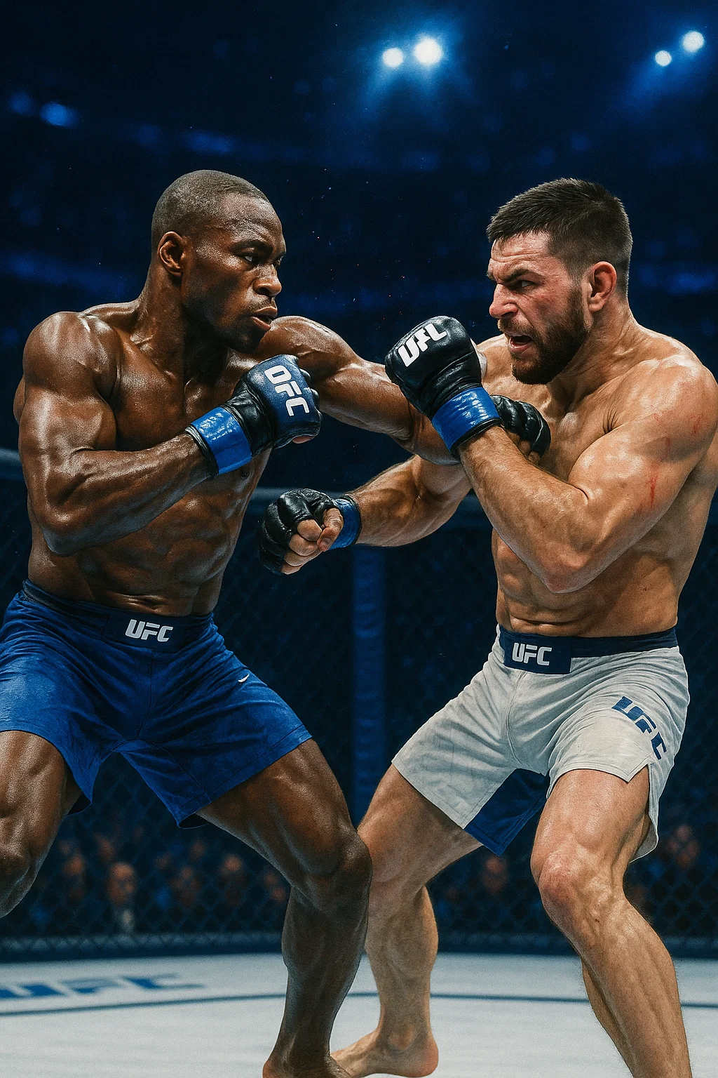 Two professional fighters in an intense mixed martial arts match, streaming live with IPTV Smarters Pro