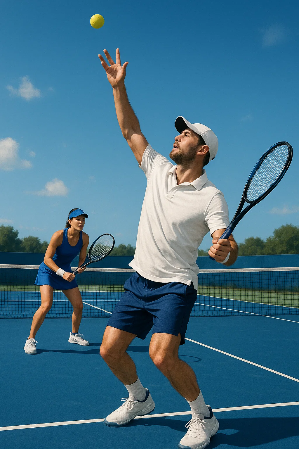 Male and female tennis players in action on a sunny outdoor court, streamable live with IPTV Smarters Pro