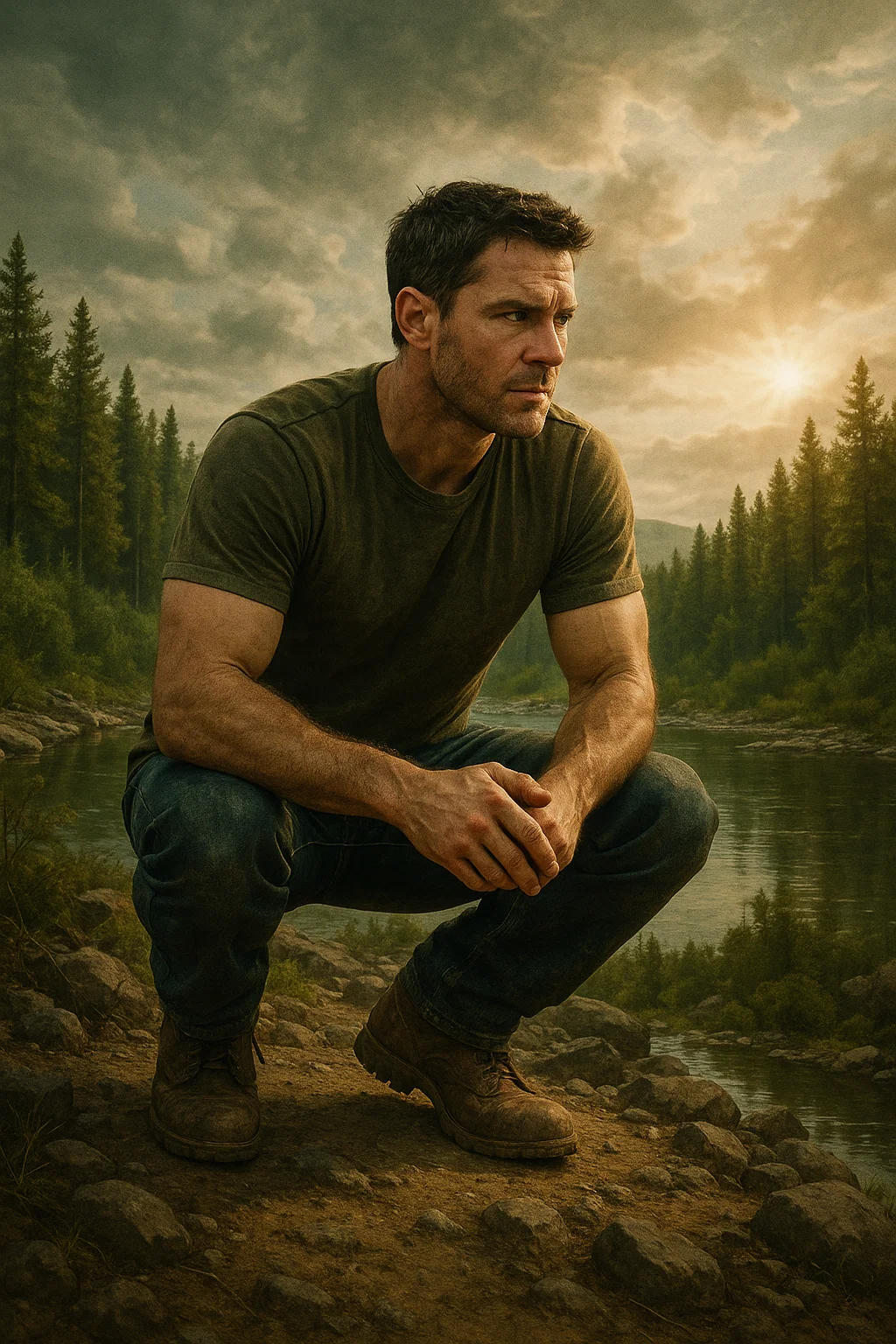 Man kneeling by riverbank in forest at sunset – intense survival drama on IPTV Smarters Pro