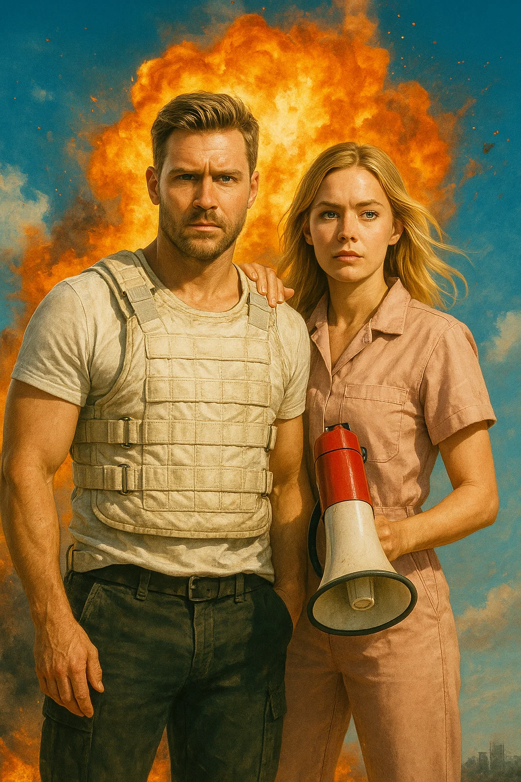 Man in tactical gear and woman with megaphone standing in front of a fiery explosion, representing action content on IPTV Smarters Pro
