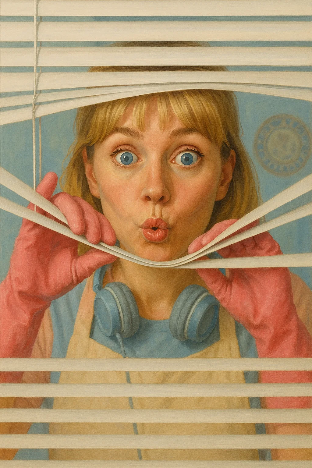 Surprised woman in pink gloves peeking through blinds, symbolizing a comedy show available on IPTV Smarters Pro