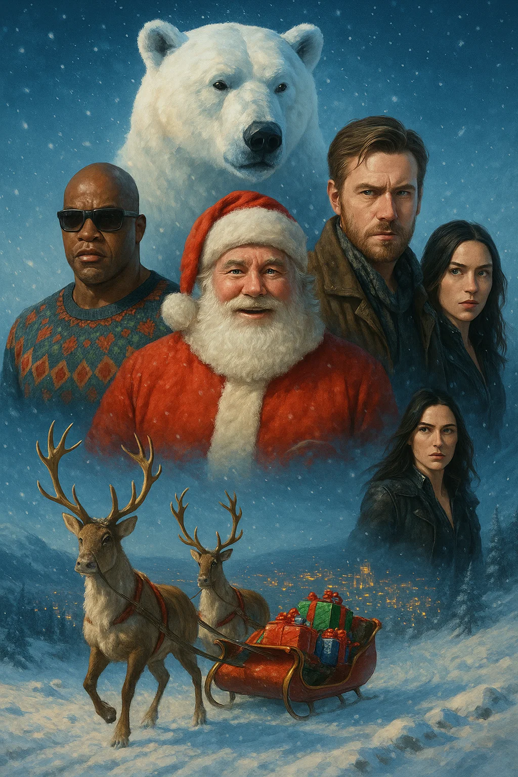 Christmas movie scene with Santa Claus, polar bear, reindeer, and dramatic characters – stream festive films on IPTV Smarters Pro"