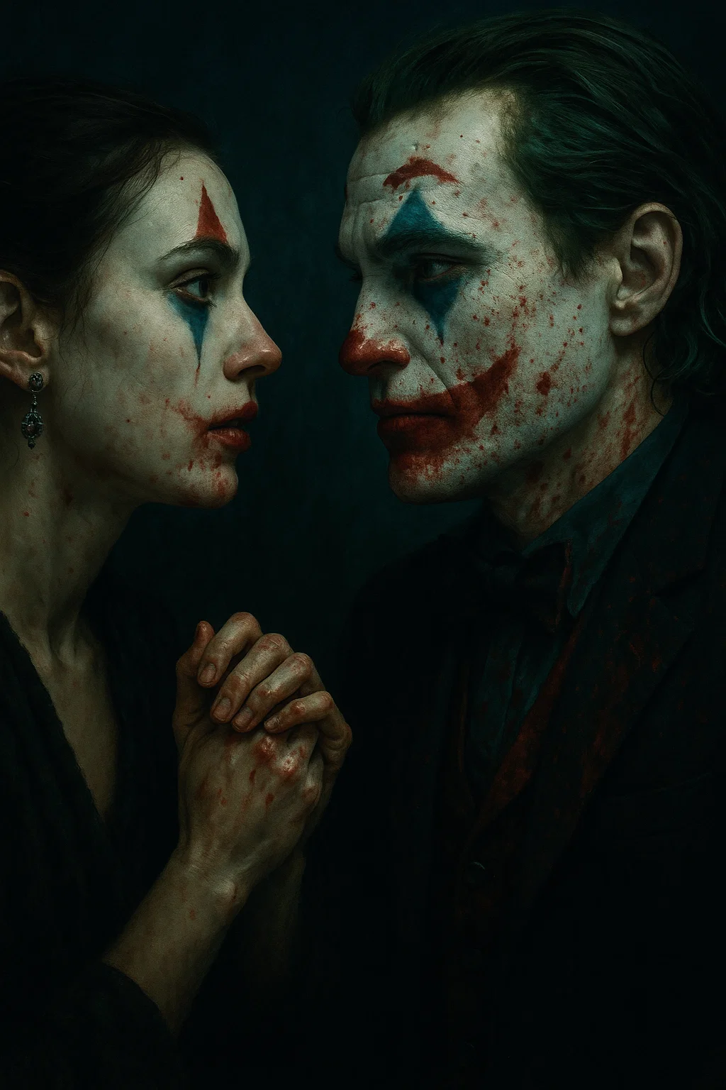 Dark cinematic image of a clown couple with intense expressions and smeared makeup – stream psychological thrillers on IPTV Smarters Pro