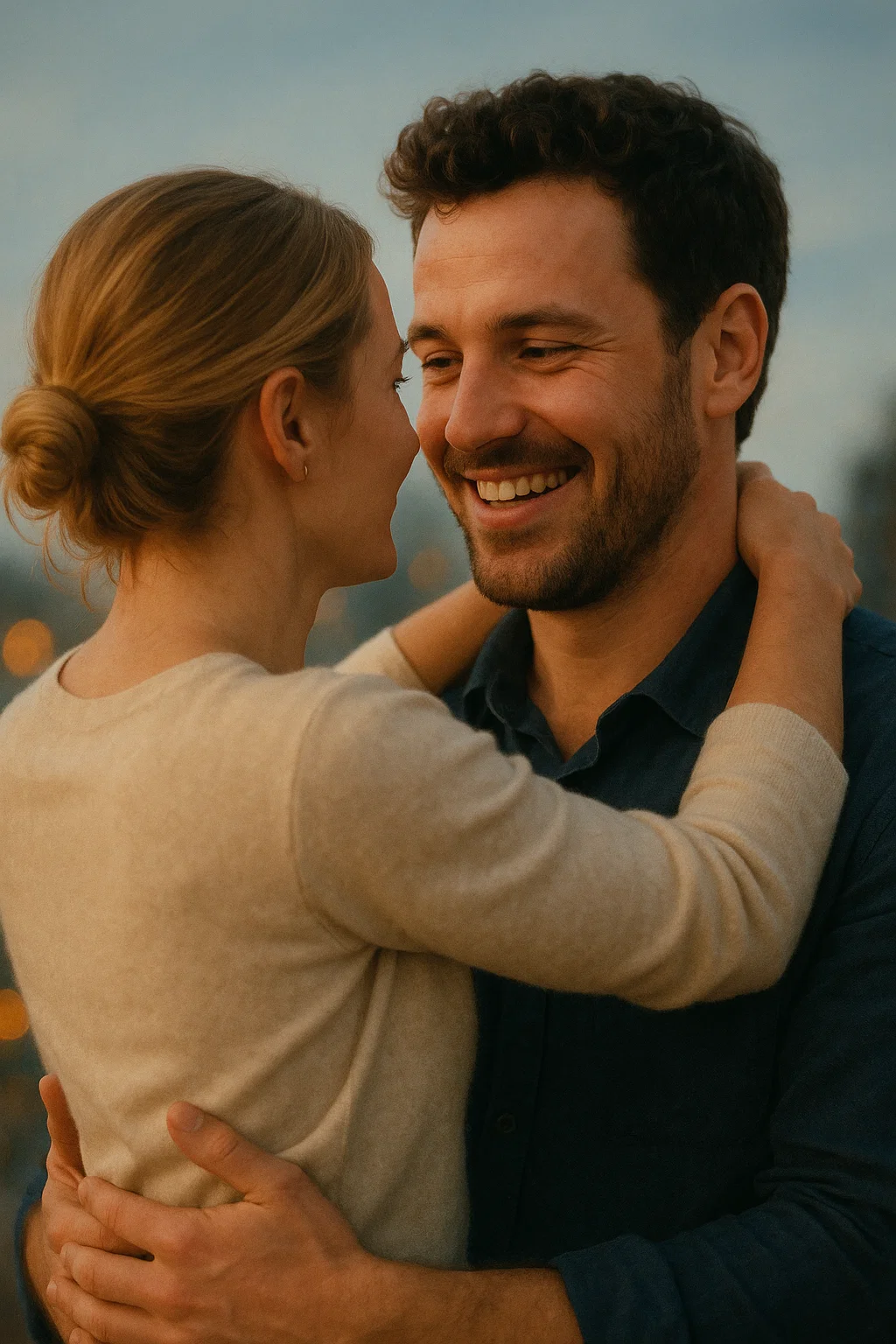 Happy couple embracing and smiling, representing romantic series or movies available on IPTV Smarters Pro