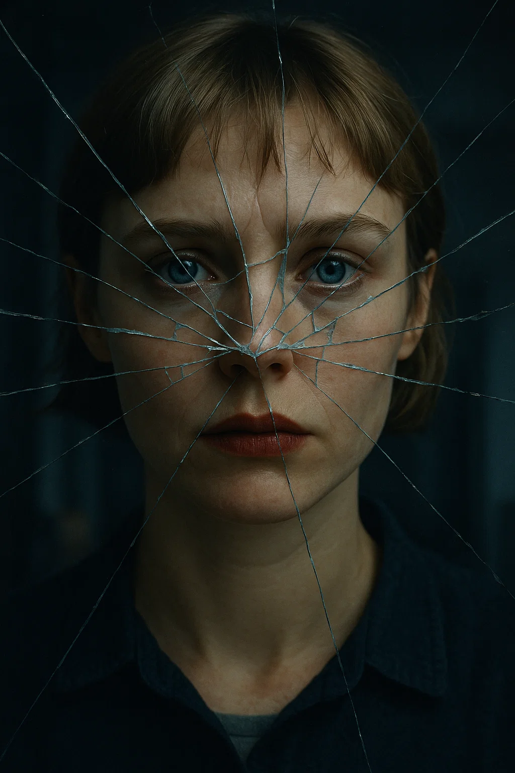 Close-up of a woman's face seen through cracked glass, representing psychological drama available on IPTV Smarters Pro