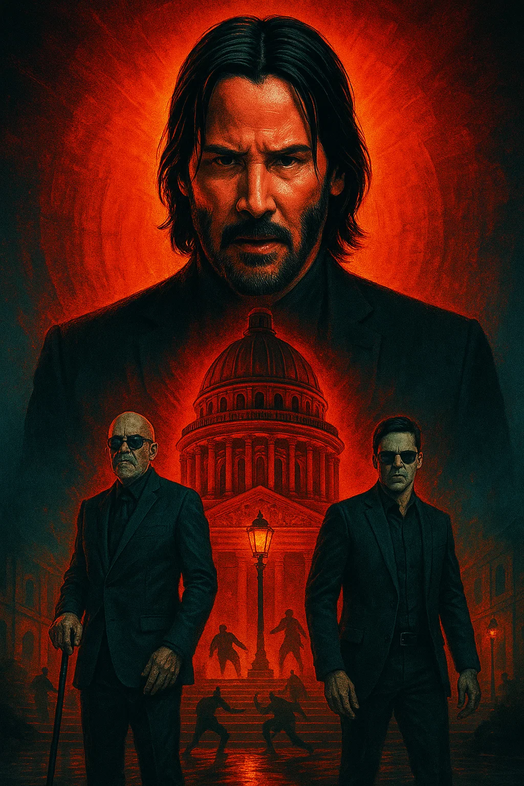 Dramatic poster of action film featuring a man in a suit with intense lighting and city architecture in the background