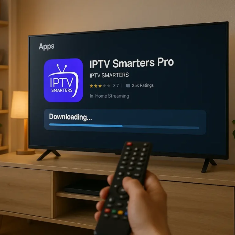 Gebruiker downloadt IPTV Smarters Pro op een Smart TV via de app store met voortgangsbalk zichtbaar