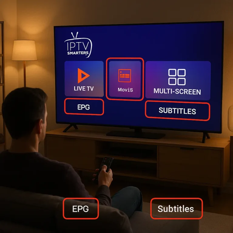Gebruiker bekijkt IPTV Smarters Pro op smart-tv met ondertiteling, EPG en multi-screen opties in beeld