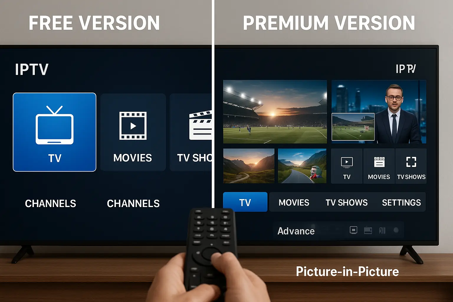 Vergelijking van de gratis en premium versie van IPTV Smarters Pro met functies zoals multi-screen en PiP.