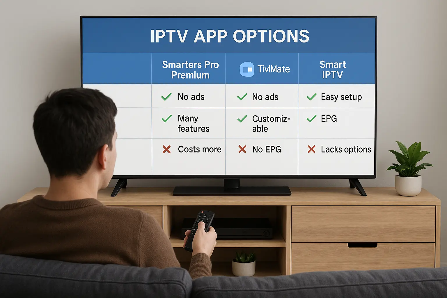 Gebruiker vergelijkt IPTV-apps op tv-scherm om de beste keuze te maken tussen Smarters Pro Premium en alternatieven.