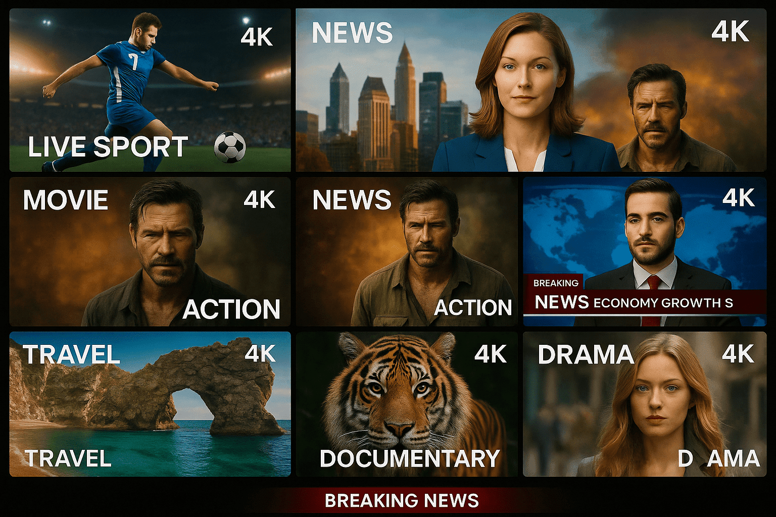 IPTV Smarters Pro entertainment categories including live sport, news, action, documentary, travel, and drama in 4K quality