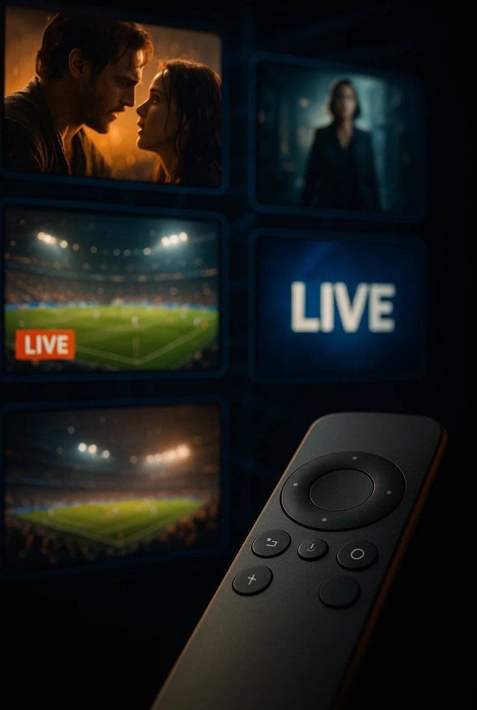 IPTV Smarters Pro interface with live sports and movie selection on smart TV with remote control