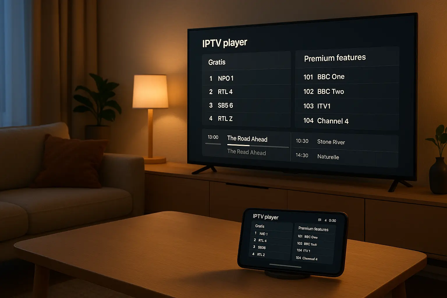 IPTV Smarters Pro gratis vergeleken met premium functies op tv en smartphone (voorbeeldinterface).