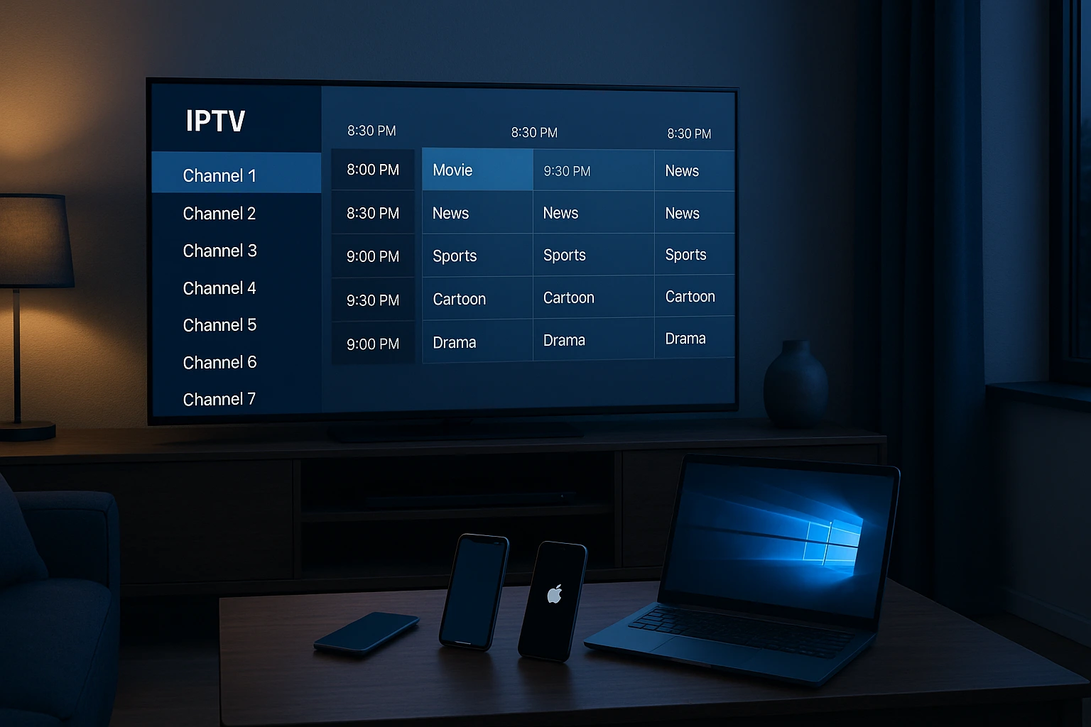 IPTV Smarters Pro op elk apparaat: smart-tv, telefoon en laptop met generieke IPTV-interface.